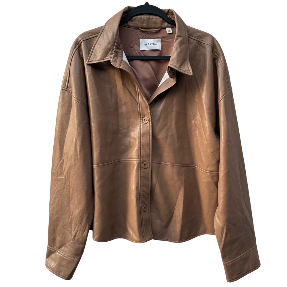 BABATON Jacket Women XL Pelli Faux Leather Button Up Shirt Oversized Mocha Brown